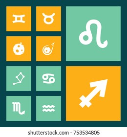 Collection Of Lion, Bull, Lunar And Other Elements.  Set Of 10 Astrology Icons Set. 