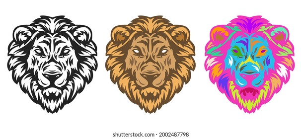 Collection lion head in hand drawn sketch style isolated on white background. Modern graphic design element for label or poster. Vector art illustration.