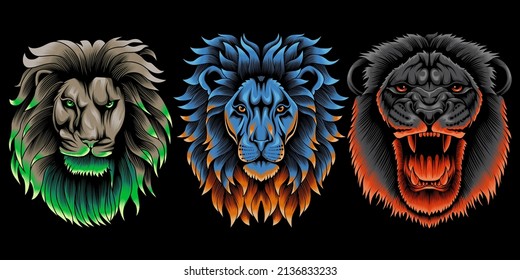 Collection of lion head in neon color style