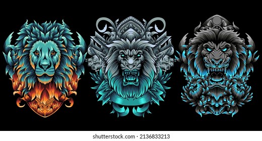 Collection of lion head with ornament in neon color style