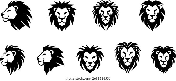 Colección de Ilustraciones vectoriales de cabeza de león en blanco y negro, mostrando varios estilos y perspectivas.