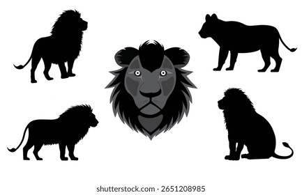 Collection of lion silhouettes in various poses including standing, walking and resting. Isolated with white background, ideal for wildlife illustrations, safari themes, logos, tattoo designs,