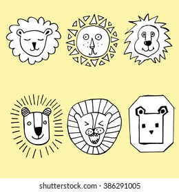 Collection of lions. Portrait of a lion. Lion's Head. Mane. Drawing hand. Graphic arts. Children's drawing. Line art. Decorative. Stylized. Dudling.