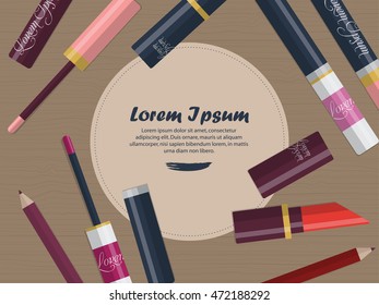 Collection of lip glosses, lipsticks and lip pencils on the table with space for your advertising. Vector illustration