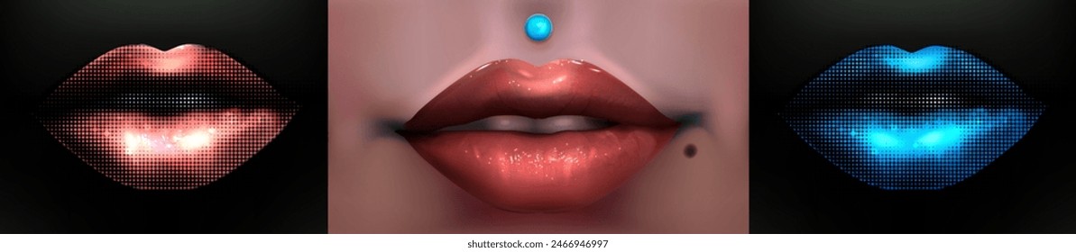 Collection lips retro halftone on the black background. Female lips in style modern dotted pop art style. Realistic vector vinous lips. Realistic sexually open mouth with white teeth.  Piercing.