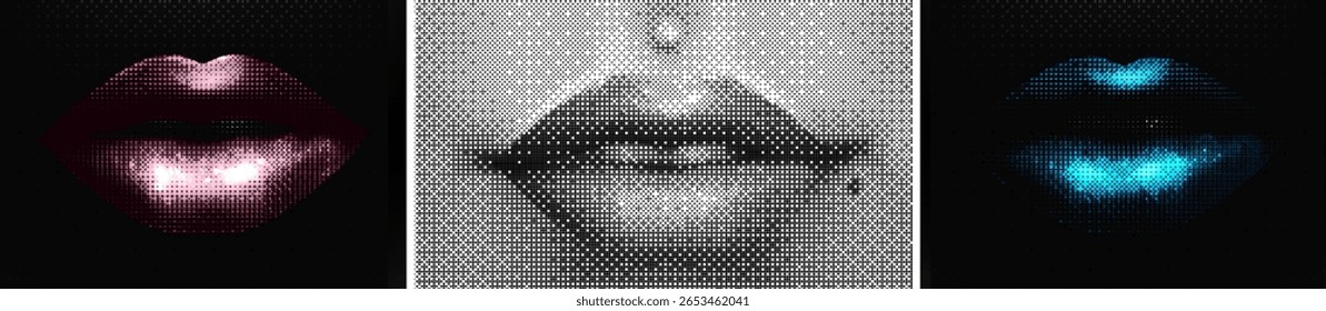 Collection lips retro halftone on the black background. Female lips in style modern dotted pop art style. Realistic crazy women lips.