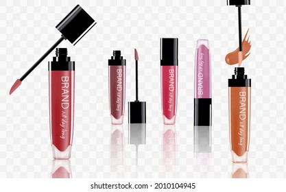 Collection of lipstick with different color shade. Colorful lip gloss smudges. Makeup cosmetic product package. Vector illustration.