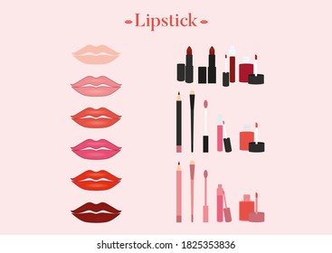 Collection with lipstick, gloss, lip tint, pencil, brush and lips.
Isolated vector illustration
