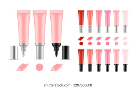 Collection of lipstick tubes with different color shade. Colorful lip gloss smudges. Makeup cosmetic product package. Vector illustration.
