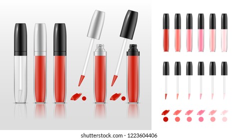 Collection of lipstick tubes with different color shade. Colorful lip gloss smudges. Makeup cosmetic product package. Vector illustration.