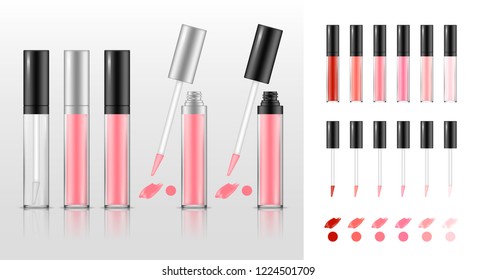 Collection of lipstick tubes with different color shade. Colorful lip gloss smudges. Makeup cosmetic product package. Vector illustration.