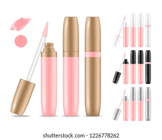 Collection of lipstick tubes with pink color shade. Colorful lip gloss smudges. Makeup cosmetic product package. Vector illustration.