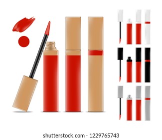 Collection Of Lipstick Tubes With Red Color Shade. Colorful Lip Gloss Smudges. Makeup Cosmetic Product Package. Vector Illustration.