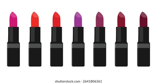 Collection of lipsticks in different colors isolated on white background. Pink, red, purple and coral lipstick. Vector illustration