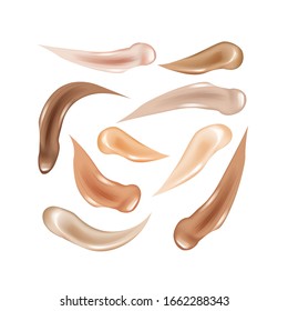 Colección de fundaciones líquidas, с trazos de frotis de ocultor osmético, textura aislada de tono manchada con crema sobre fondo blanco.Producto de cuidado cosmético.Protección solar.Ilustración vectorial.