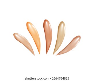 Collection of liquid foundation,сosmetic concealer smear strokes, tone cream smudged isolated  texture on white background.Cosmetic care product.Sun protection.Vector  illustration.