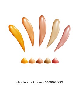 Collection of liquid foundation,сosmetic concealer smear strokes, tone cream smudged isolated  texture on white background.Cosmetic care product.Sun protection.Vector  illustration.