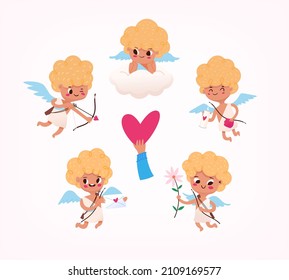 Collection of little angel kids cupid with wings clouds hearts and bow with arrows. Isolated vector images for valentines day greeting cards and labels