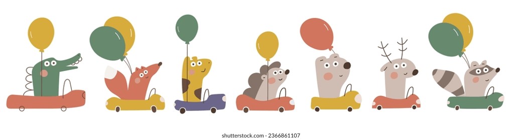 Collection of little animals driving cars. Hand drawn illustration on white background. Best for greeting card, textile, nursery, posters design.