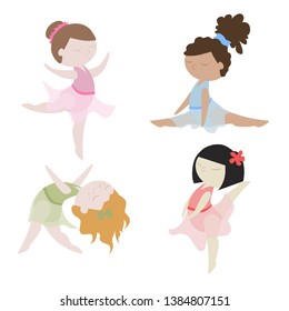 A collection of little ballerinas dancing in various poses. Little girls of different nationalities in colored dresses.. Vector hand-drawn graphic on isolated white background.
