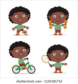 Collection of little boy is engaged in sports: football, with dumbbells, bicyclist, tennis player.