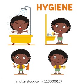 Collection of little boy for rules of child hygiene: showering, washing hands, brushing her teeth.