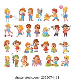 Collection of little cartoon children on white background. Big set of different cute kids enjoy playing. Vector illustration.