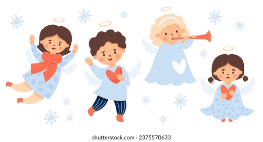 Collection little Christmas angels. Cute boy and girl with heart and trumpet. Isolated Xmas, new year children character in cartoon style. Vector illustration.