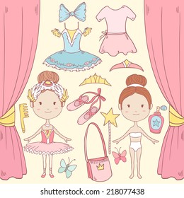 Collection of little cute ballerinas and other related elements. Vector illustration.Each element on separate layer