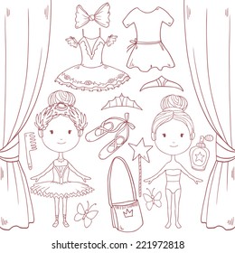 Collection of little cute ballerinas and other related elements. Vector illustration.Each element on separate layer