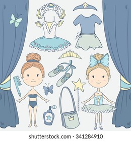 Collection of little cute ballerinas and other related elements. Vector illustration.Each element on separate layer