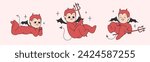 Collection of little cute devil characters in kewpies style. Set of kewpies doll in different poses with wings in groovy funky line tattoo style. Small comic kids pretending to be satan.