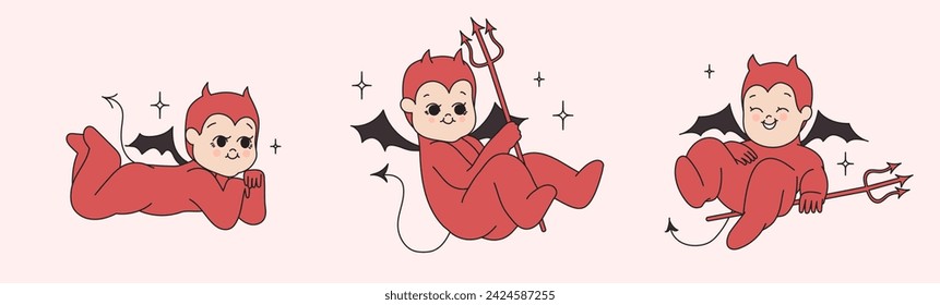 Collection of little cute devil characters in kewpies style. Set of kewpies doll in different poses with wings in groovy funky line tattoo style. Small comic kids pretending to be satan.