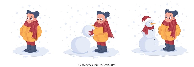 Colección con niñita linda vestida con ropa de abrigo construyendo un muñeco de nieve al aire libre en invierno. Nevando. Ilustración vectorial en estilo plano