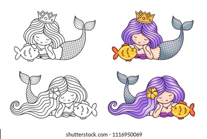 Collection of little dreamy lying mermaid, stroking golden fish. Cartoon characters. Vector illustration for coloring book, print, card, postcard, poster, t-shirt, patch, tattoo.