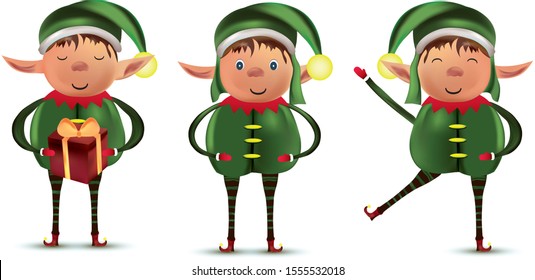 Collection little elses isolated on white background. Santas helpers. Elf with gift present. Icon set. Vector illustration