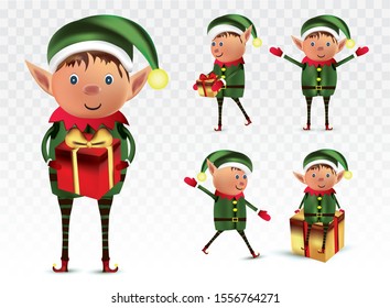 Collection little elves isolated on white background. Santa's helpers. Elf with gift present. Icon set. Vector illustration