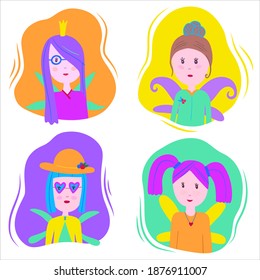 Collection of little fairies in children's drawing style. Cartoon girls characters with colorful hair and wings. Cute little fairy princess.  Isolated on a white. Vector set in bright colors.