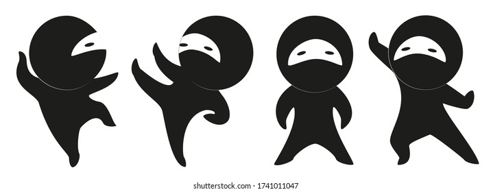 Collection of little funny ninjas in black suits on a white background. Set of cartoon men in the style of computer games. EPS10 vector illustration