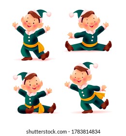 Collection of little and funny santa elves in green costumes and hats smiling isolated on white  background. Christmas mascot character sit, dance, stand, wave greeting. Vector flat illustration. 