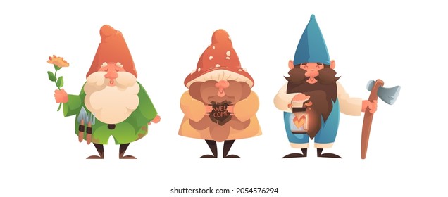 Collection of little garden gnomes or dwarfs. Set of cute fairy tale characters.