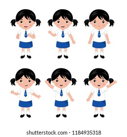 Collection of little girls in school uniform. Vector.