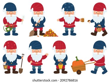 A collection of little gnomes with beards and caps hold a lantern, a bucket, a basket of mushrooms, sweeps fallen leaves, carries a pumpkin. Small dwarfs, cute cartoon characters on a white background