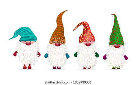 Collection of little gnomes on a white background. Christmas character. Dwarfs with beards and multi-colored hats.