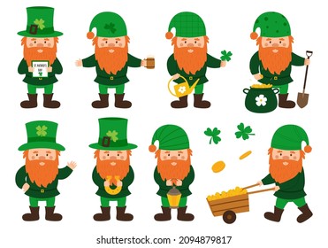 A collection of little gnomes with a red beard and a green hat holding a horseshoe, beer, a horseshoe, a lantern, gold coins. Cards with small dwarfs cute cartoon character on a white backgro