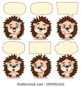 Collection of little hedgehog in different poses with speech bubbles isolated on white background