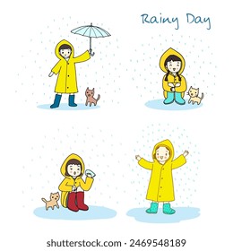 Collection of little kid wearing yellow rain coat in the rain and feel happy, hand drawn style vector illustration