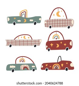 Collection of little kids cars. Boho style. Best for nursery, apparel, t-shirt. Vector illustration on white background.