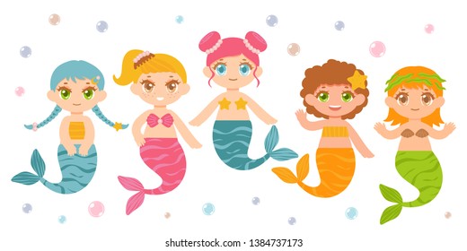 Collection of little mermaids in cartoon style isolated on white background. Character in anime styleVector illustration. 