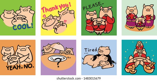 Collection of little piggy family. vector illustration-sticker
